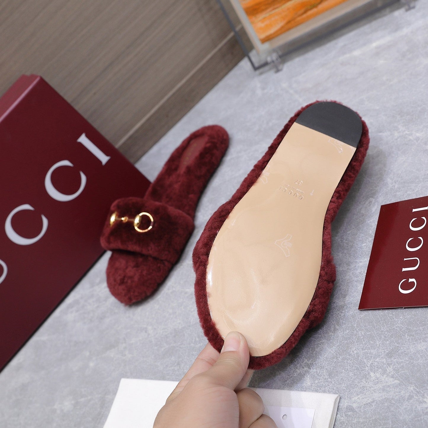 GG Women's Slide with Horsebit Burgundy Fur 600972