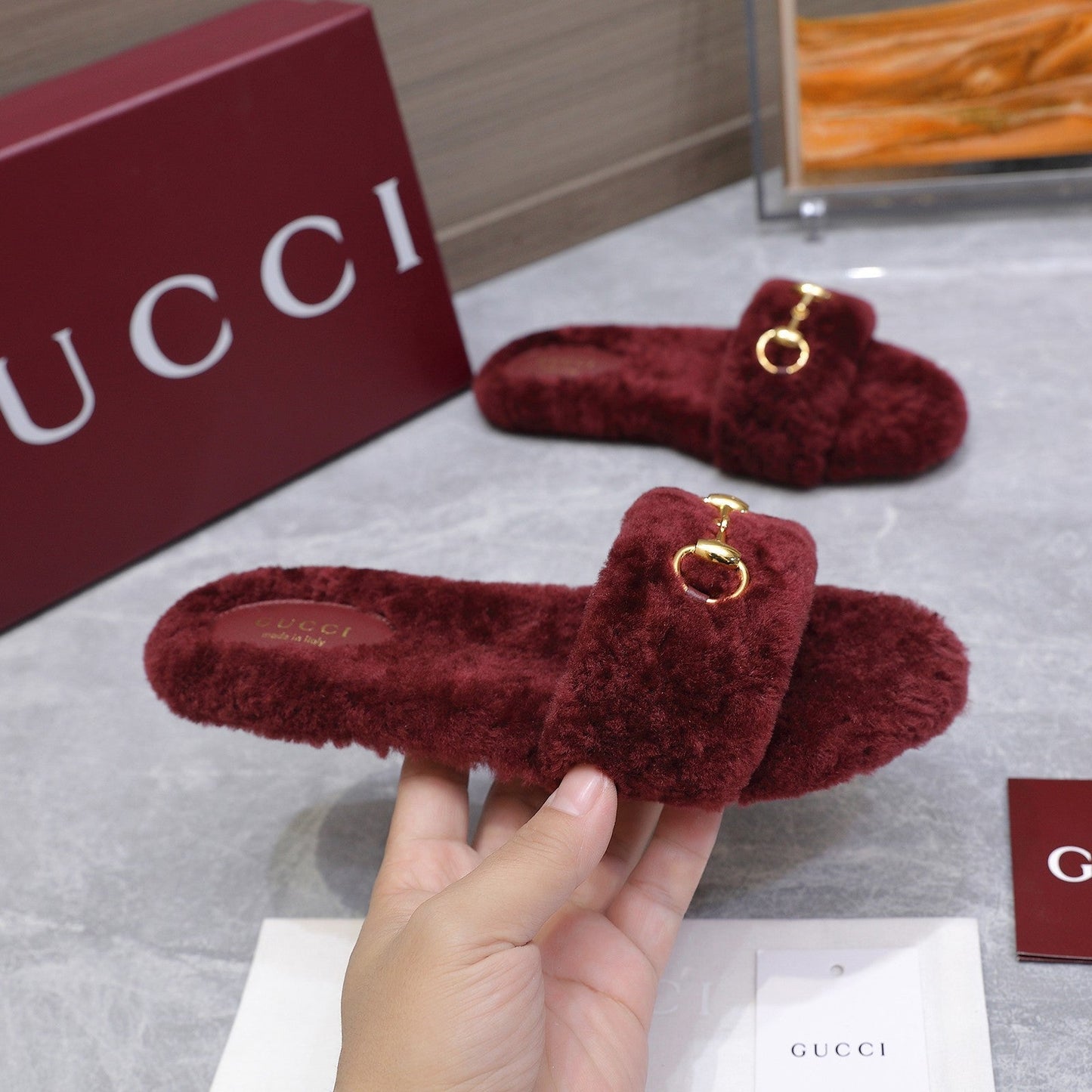 GG Women's Slide with Horsebit Burgundy Fur 600972