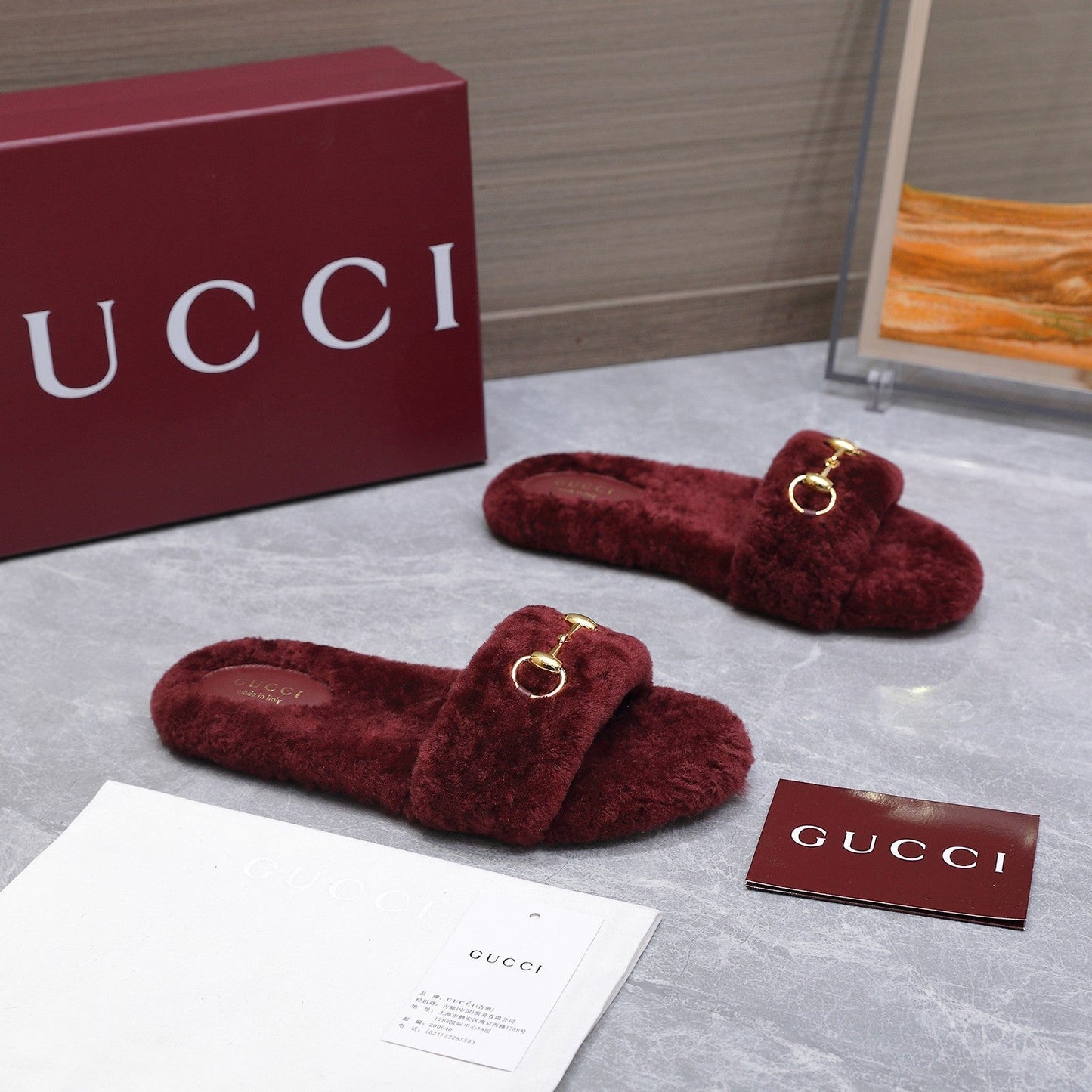 GG Women's Slide with Horsebit Burgundy Fur 600972