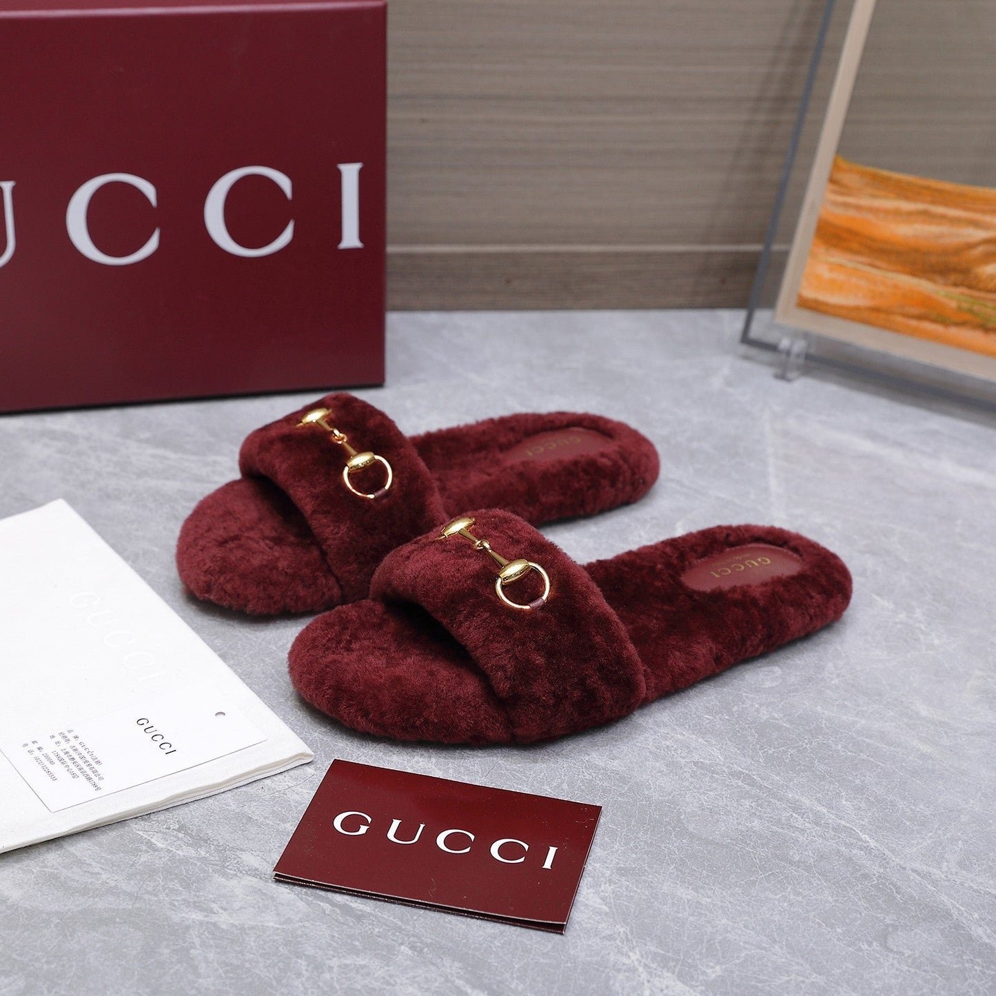 GG Women's Slide with Horsebit Burgundy Fur 600972
