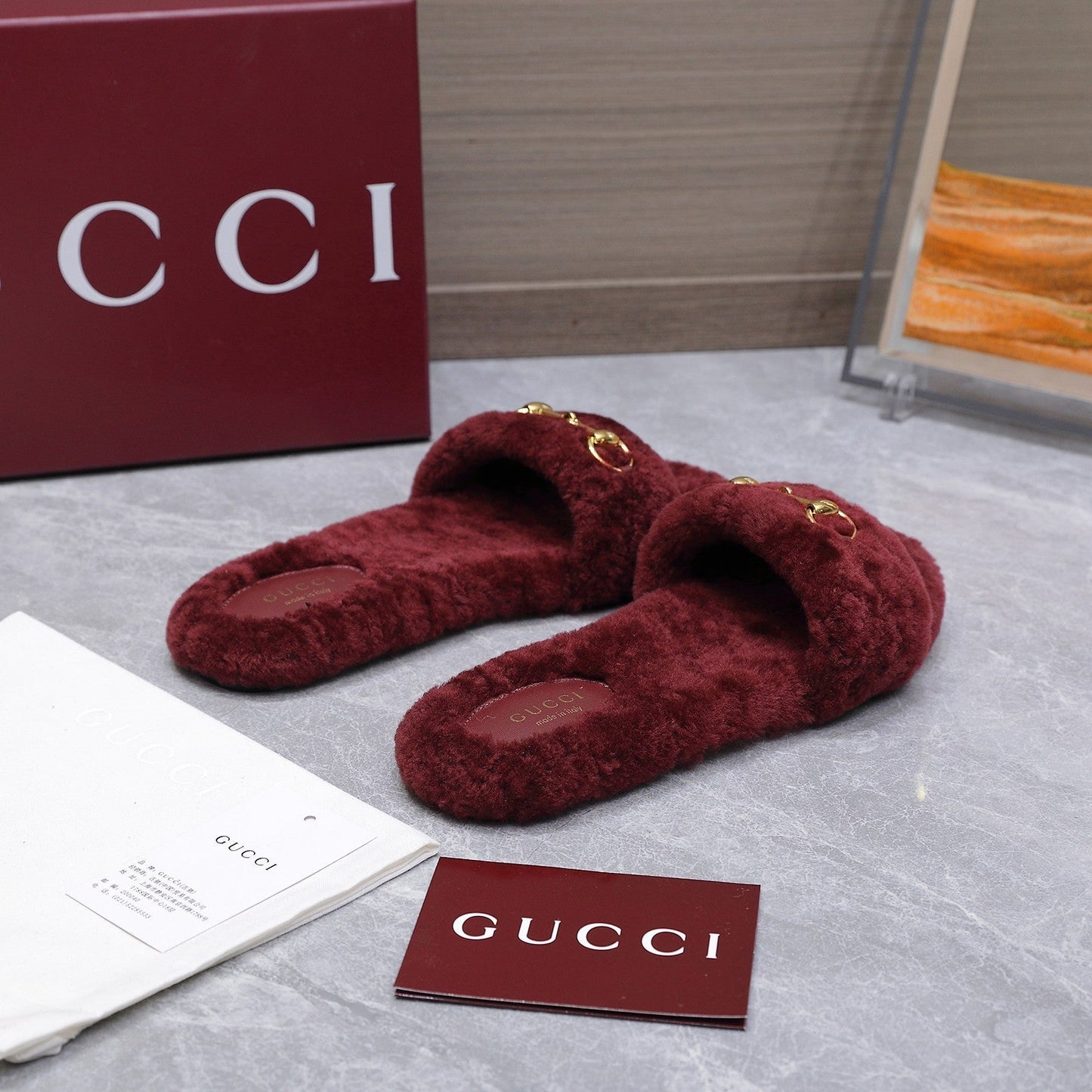 GG Women's Slide with Horsebit Burgundy Fur 600972
