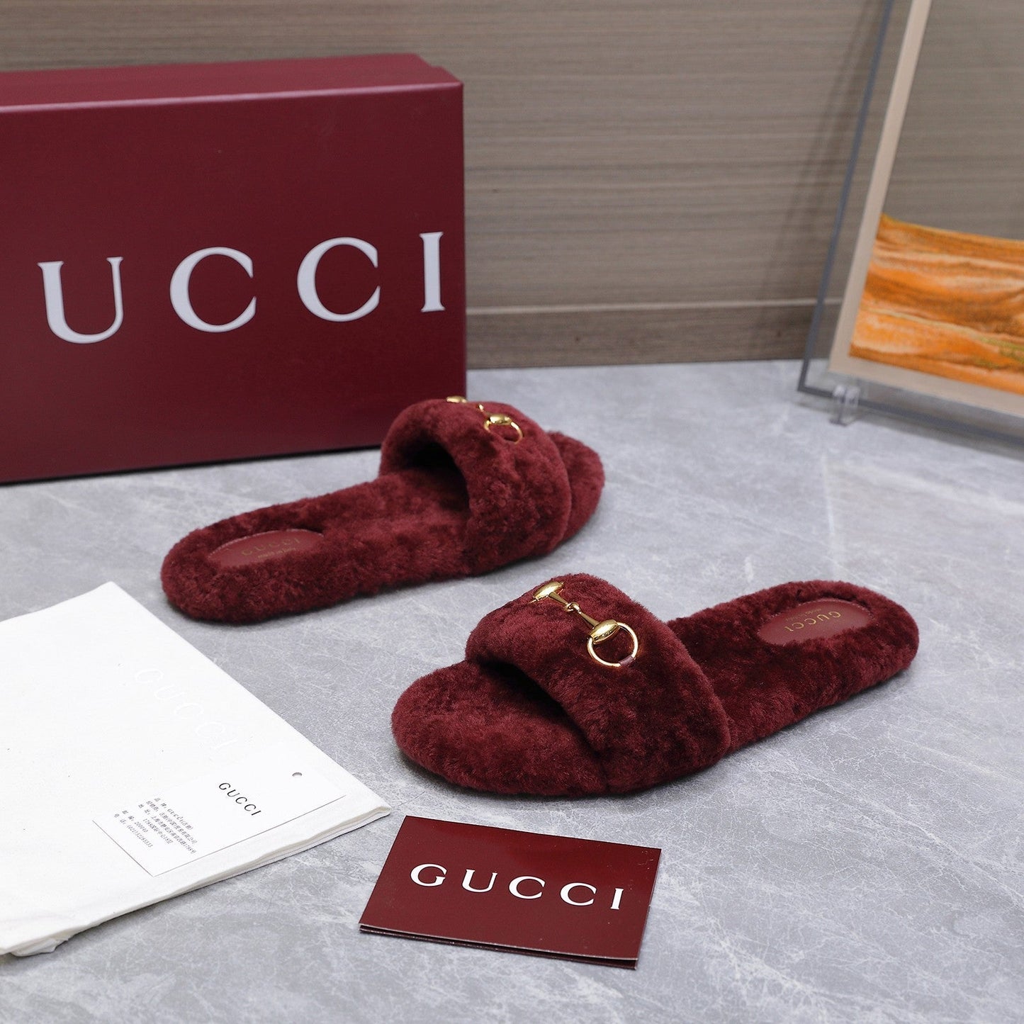 GG Women's Slide with Horsebit Burgundy Fur 600972