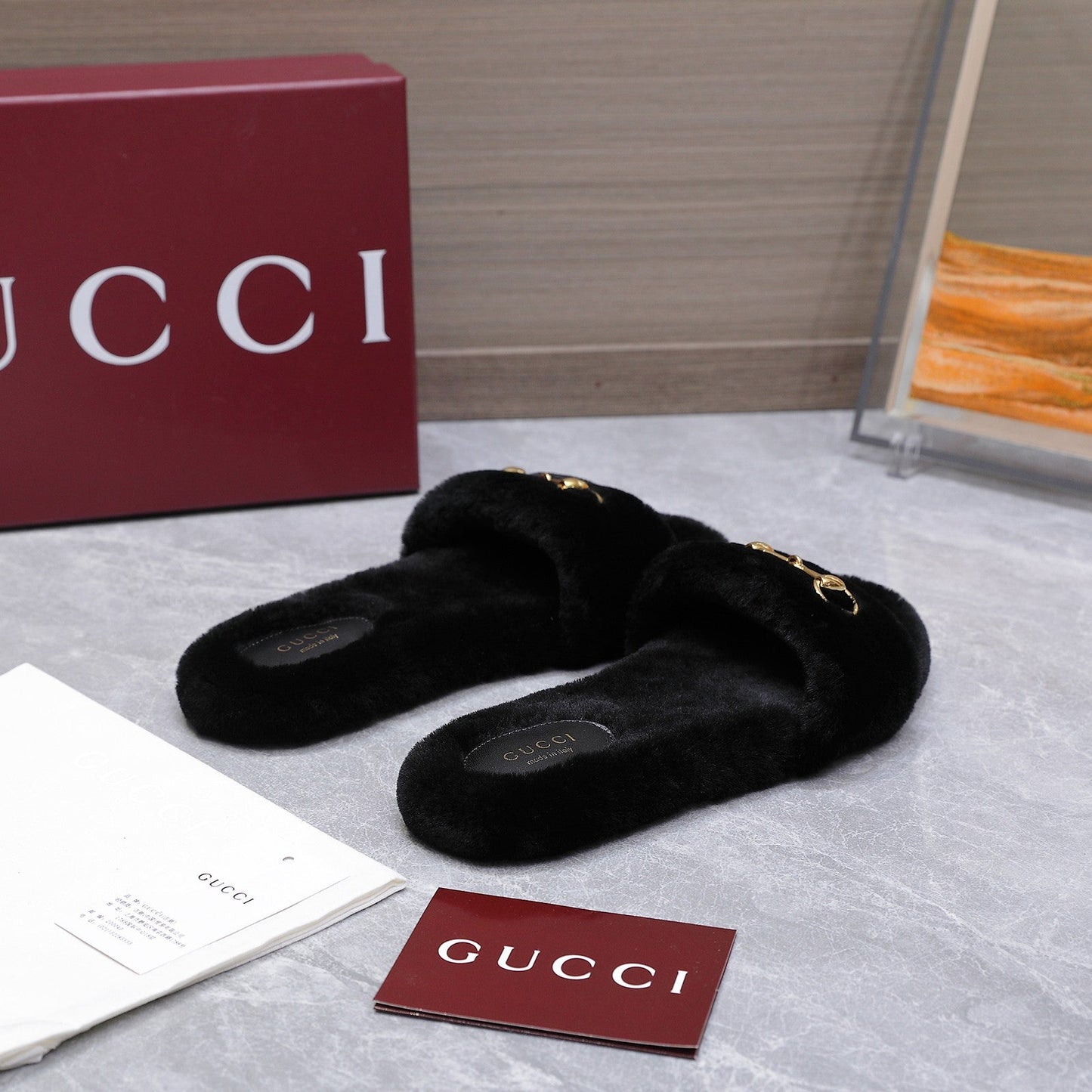 GG Women's Slide with Horsebit Black Fur 600973