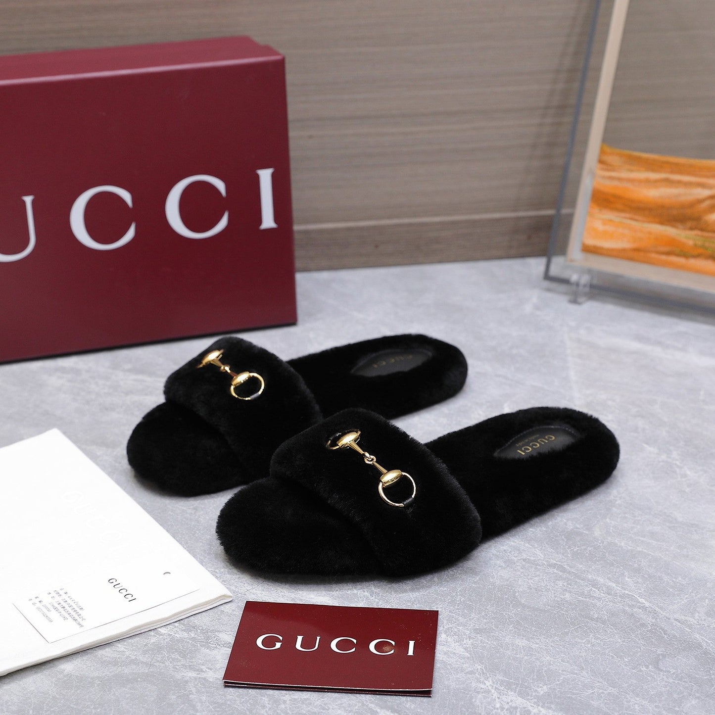 GG Women's Slide with Horsebit Black Fur 600973