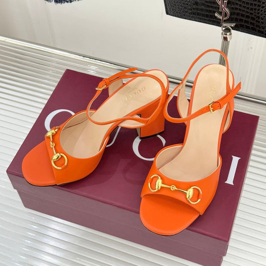 GG 26WF Chunky Heel Sandals 5cm Orange Sheepskin 632554