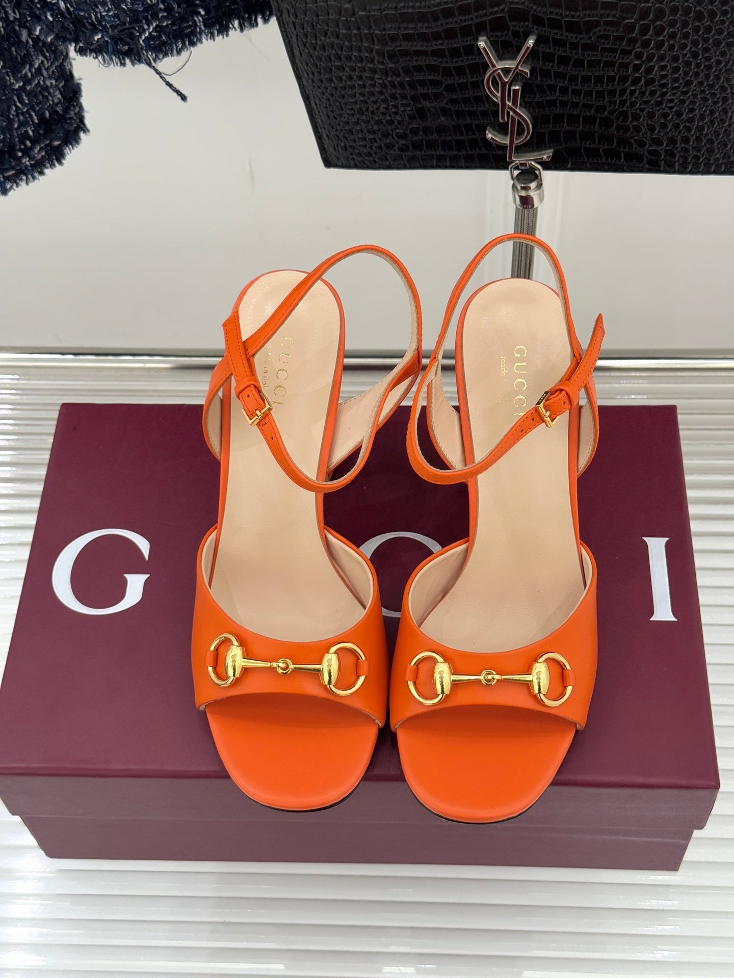 GG 26WF Chunky Heel Sandals 5cm Orange Sheepskin 632554