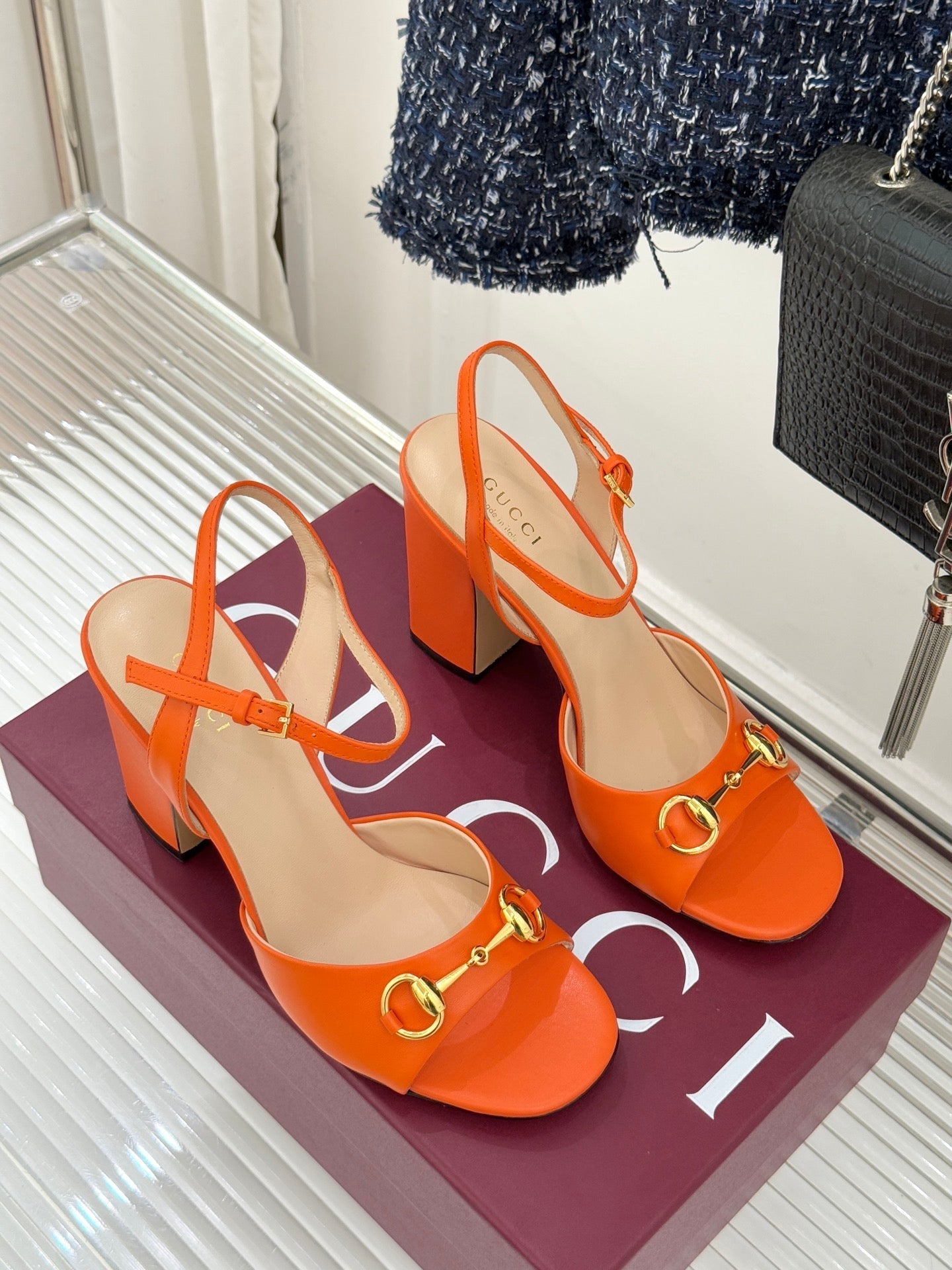 GG 26WF Chunky Heel Sandals 5cm Orange Sheepskin 632554