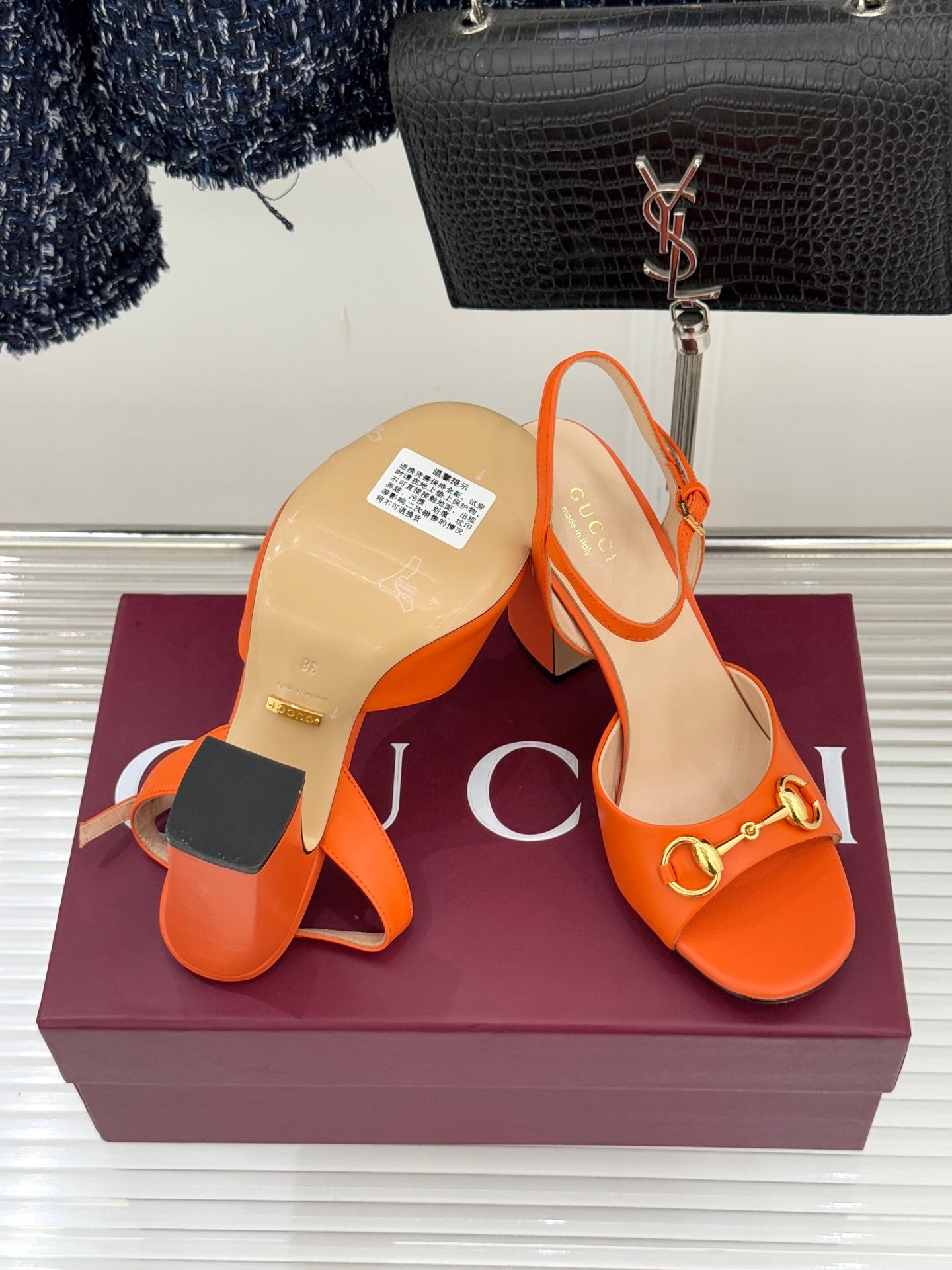 GG 26WF Chunky Heel Sandals 5cm Orange Sheepskin 632554
