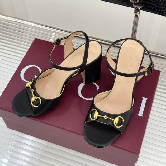 GG 26WF Chunky Heel Sandals 5cm Black Sheepskin 632556