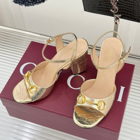 GG 26WF Chunky Heel Sandals 5cm Gold Metallic Sheepskin 632560