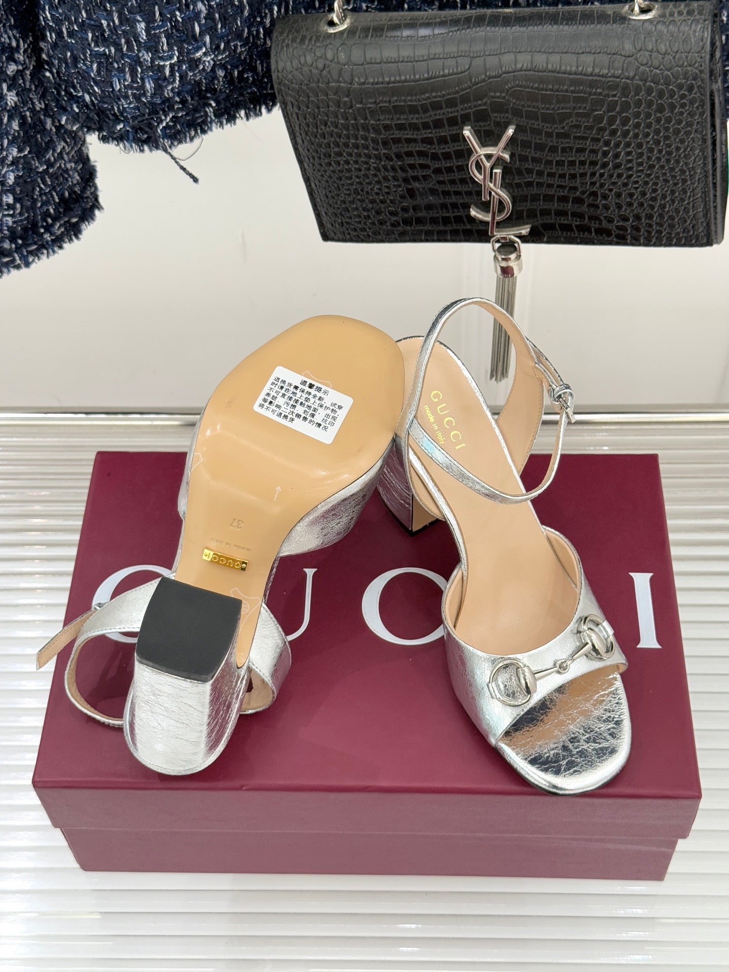 GG 26WF Chunky Heel Sandals 5cm Silver Metallic Sheepskin 632561