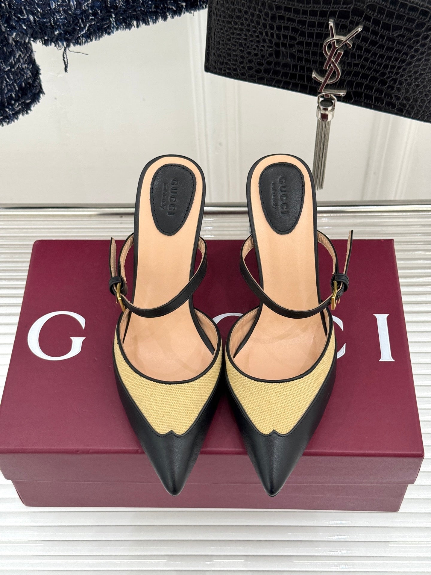 GG 26WF Mules 9.5cm Black Beige Leather Canvas 886166