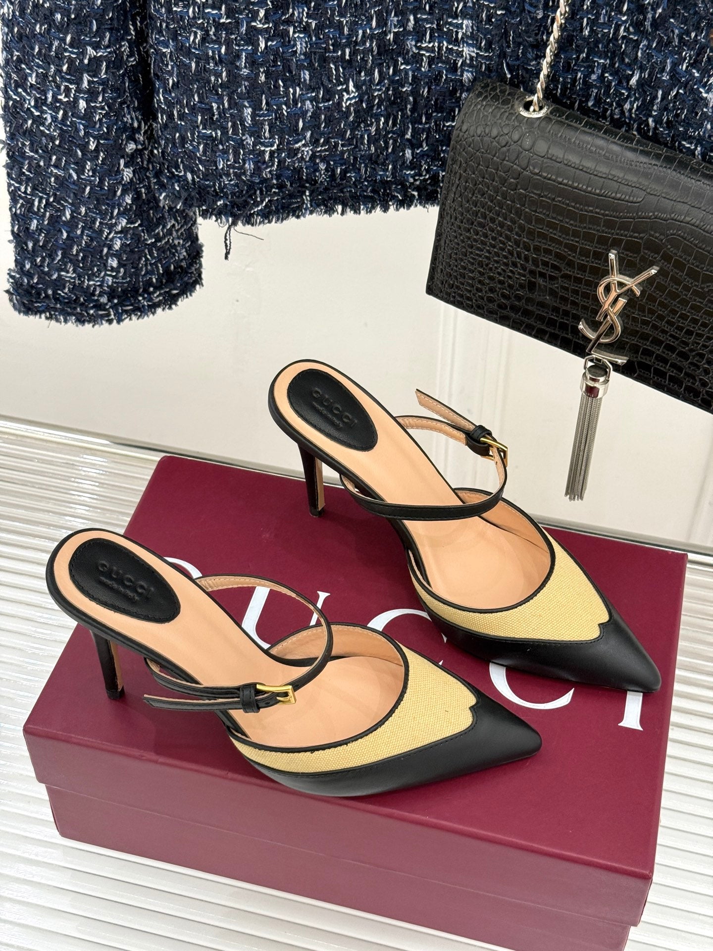 GG 26WF Mules 9.5cm Black Beige Leather Canvas 886166