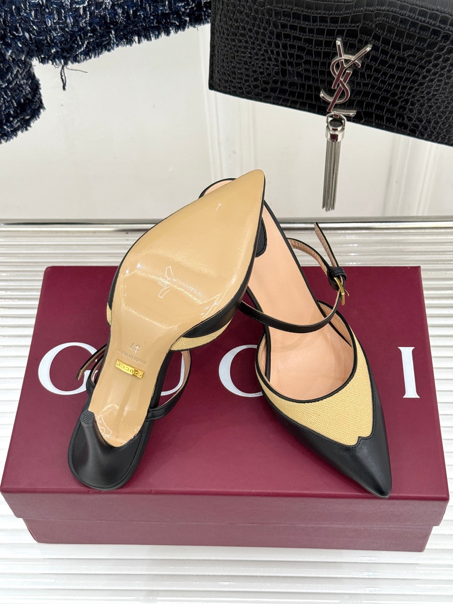 GG 26WF Mules 9.5cm Black Beige Leather Canvas 886166