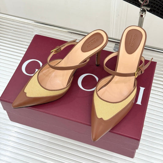 GG 26WF Mules 9.5cm Brown Beige Leather Canvas 886167