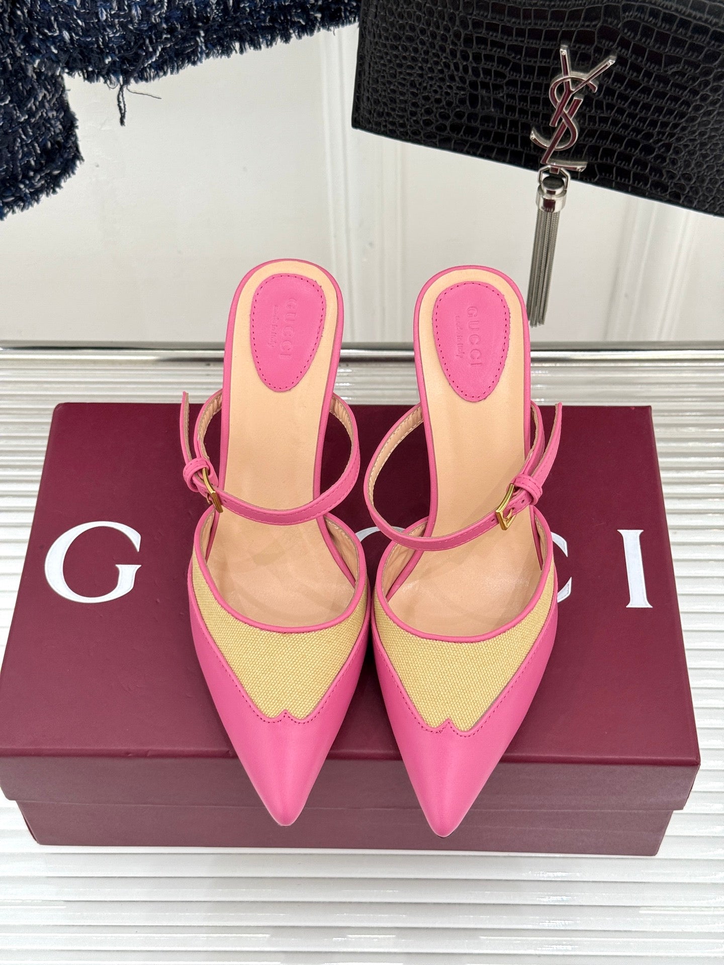 GG 26WF Mules 9.5cm Hot Pink Beige Leather Canvas 886169