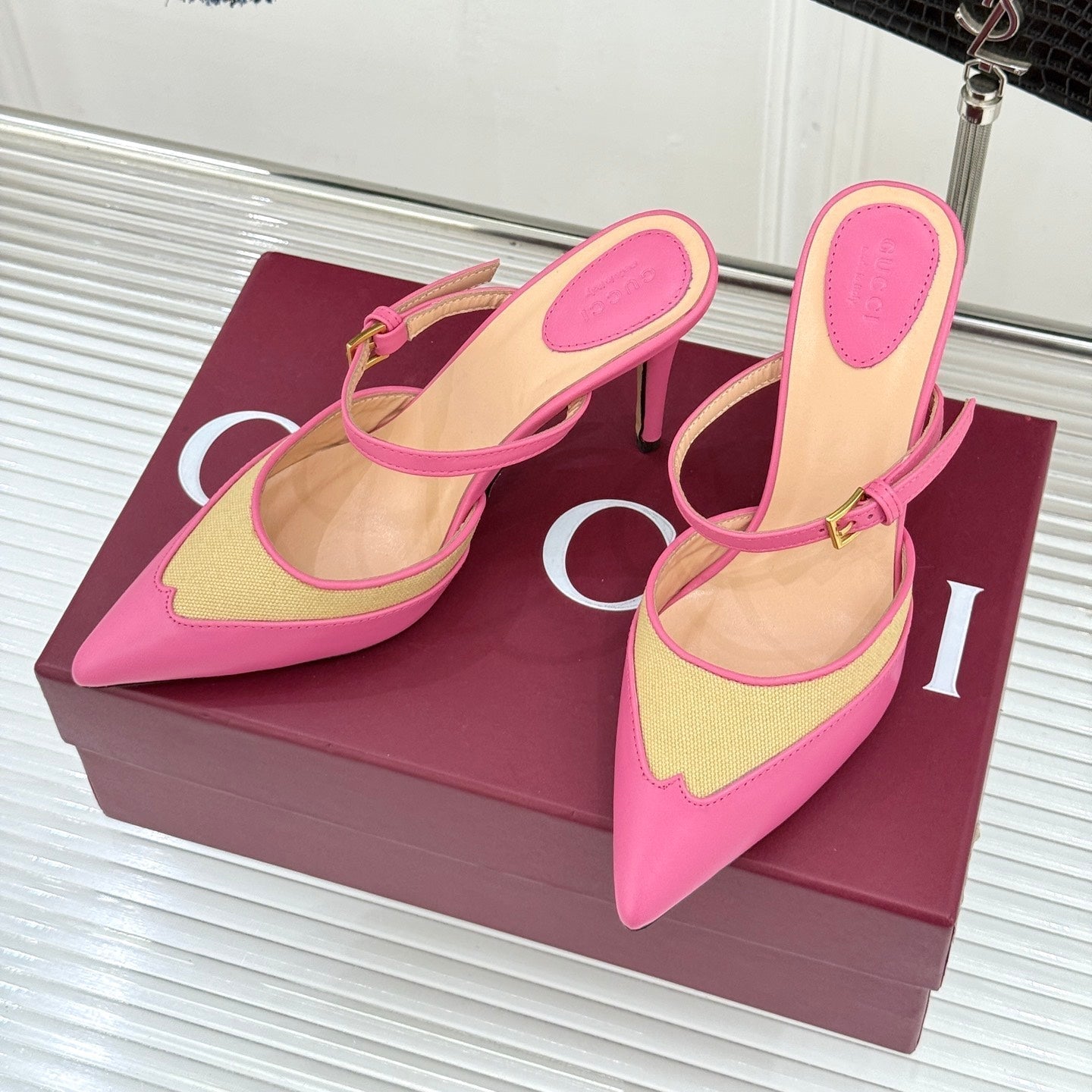 GG 26WF Mules 9.5cm Hot Pink Beige Leather Canvas 886169