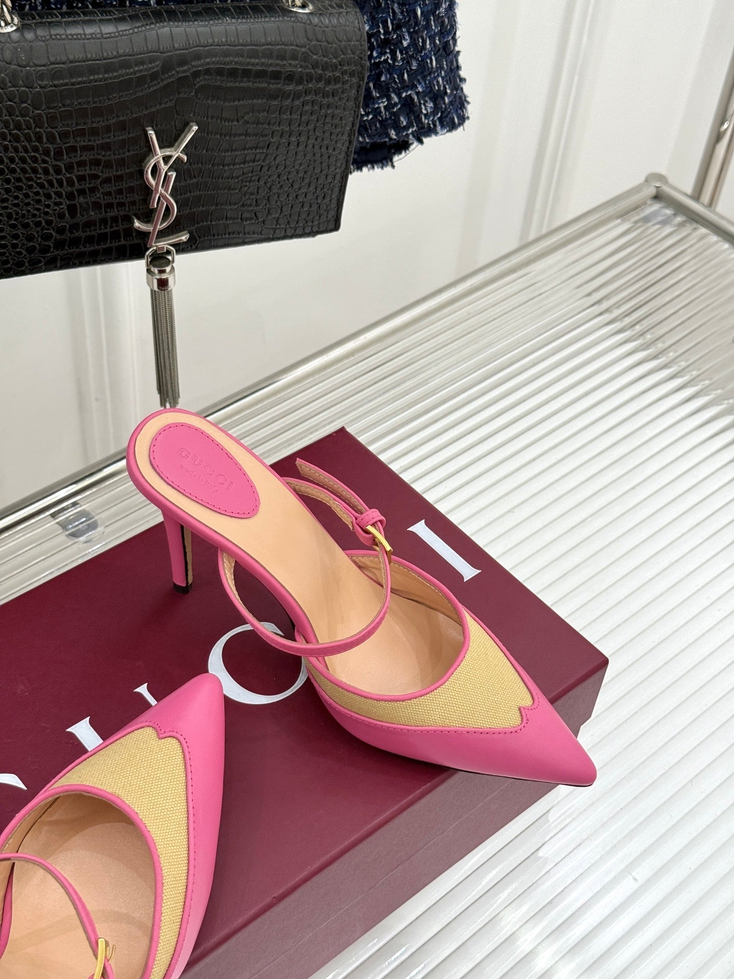 GG 26WF Mules 9.5cm Hot Pink Beige Leather Canvas 886169