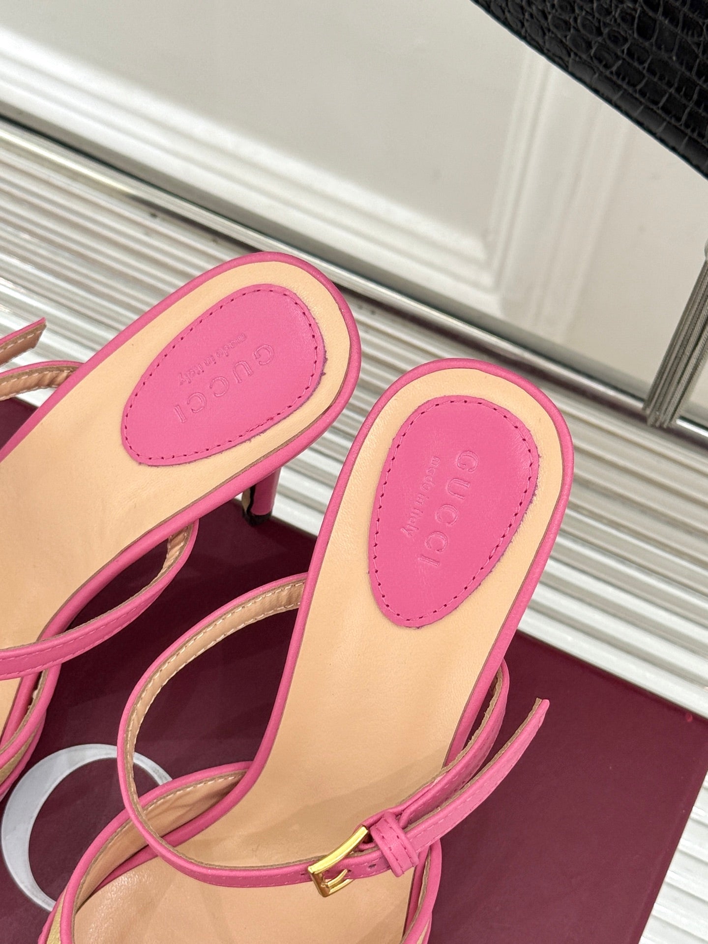 GG 26WF Mules 9.5cm Hot Pink Beige Leather Canvas 886169