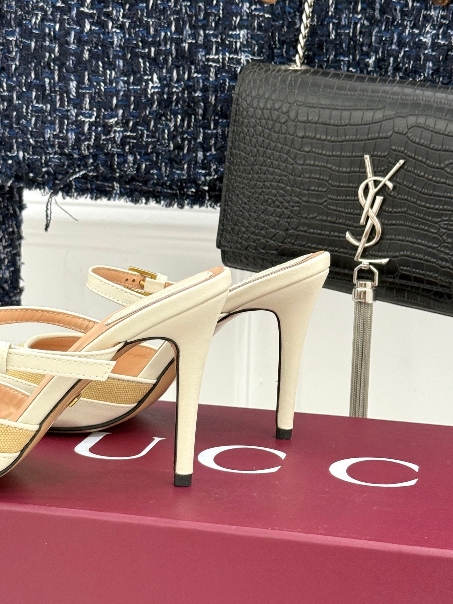 GG 26WF Mules 9.5cm Cream Beige Leather Canvas 886170
