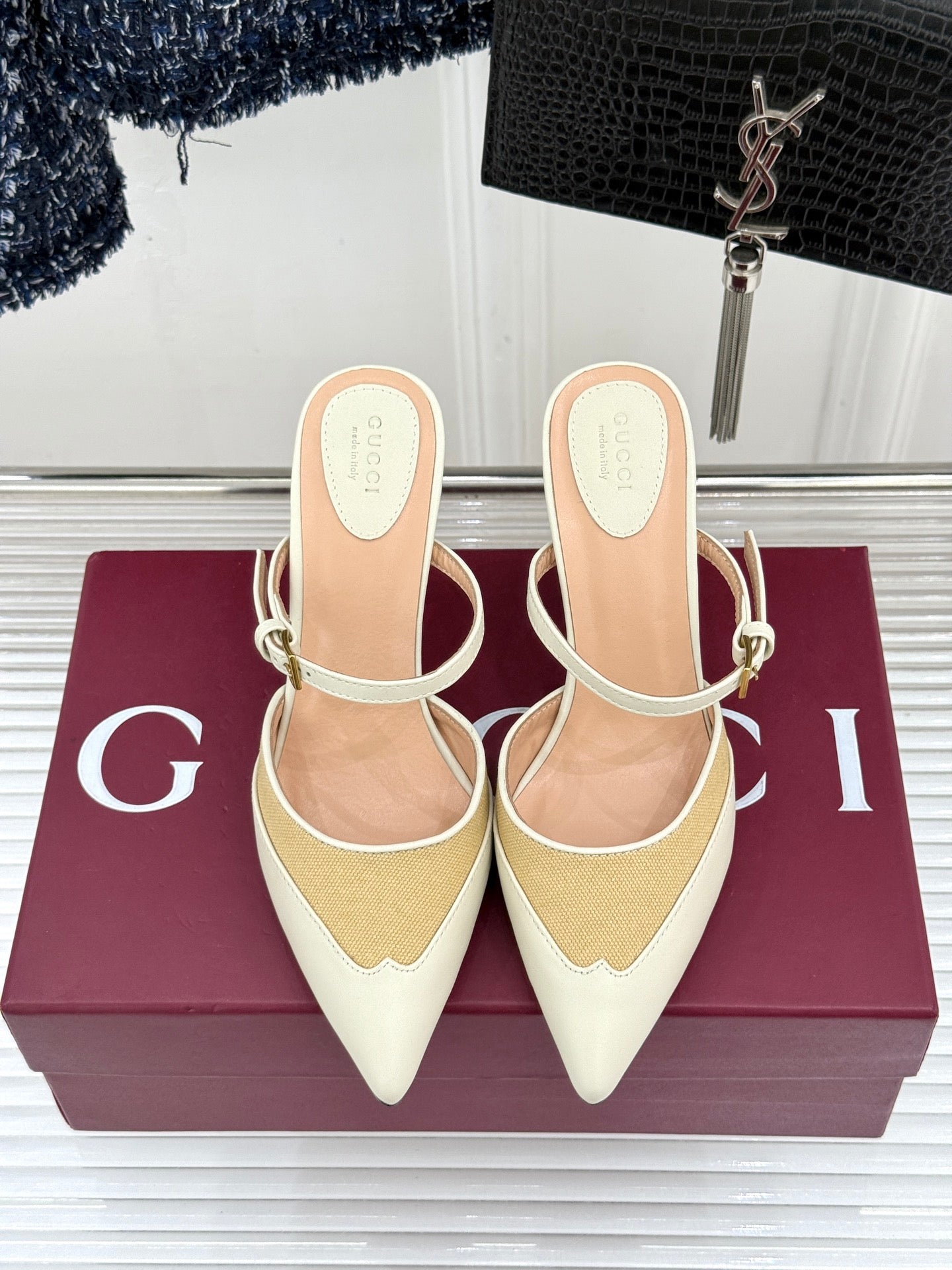 GG 26WF Mules 9.5cm Cream Beige Leather Canvas 886170