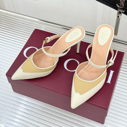 GG 26WF Mules 9.5cm Cream Beige Leather Canvas 886170