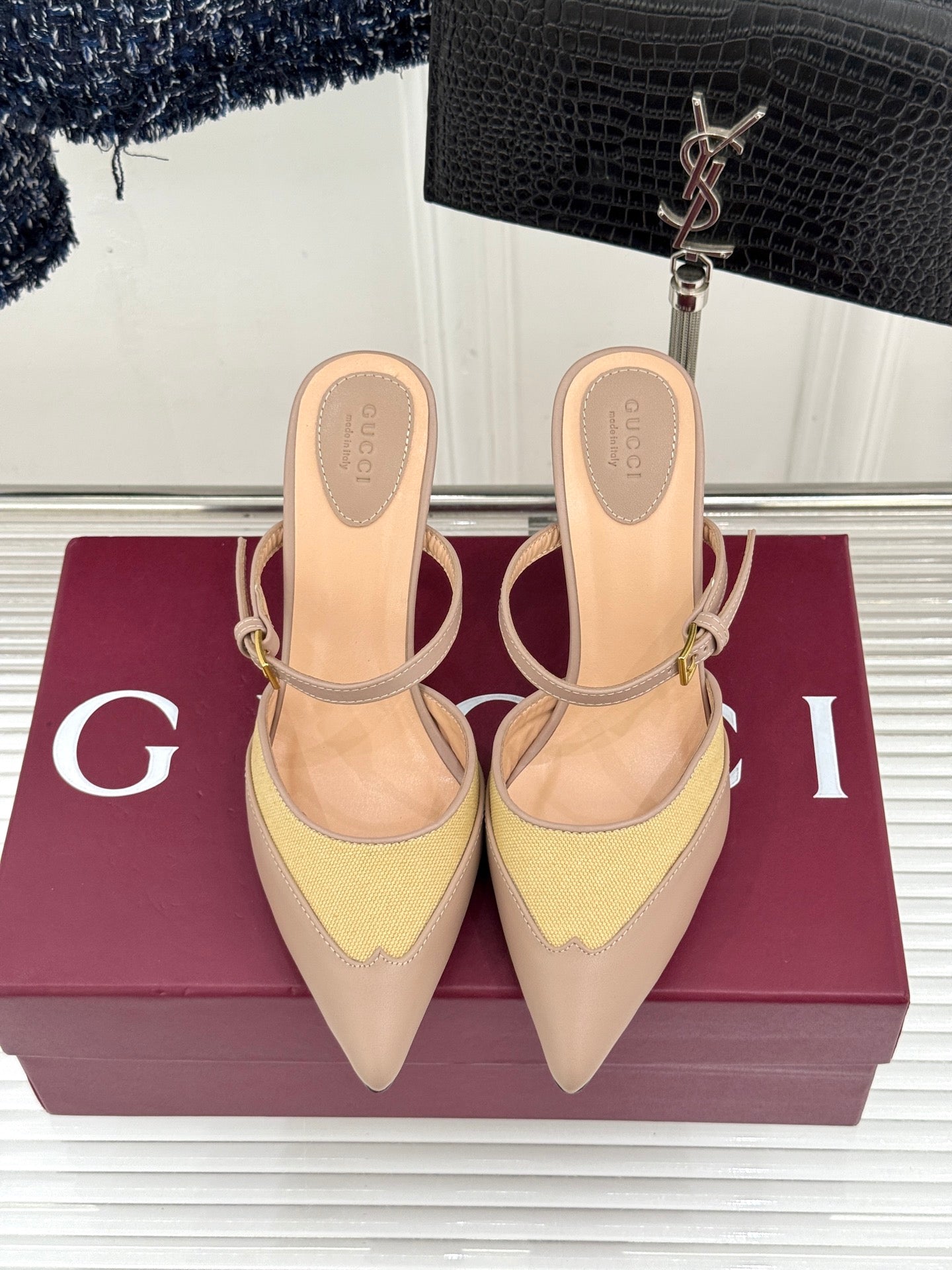 GG 26WF Mules 9.5cm Beige Leather Canvas 886171