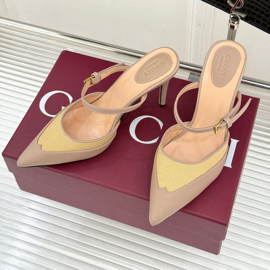 GG 26WF Mules 9.5cm Beige Leather Canvas 886171