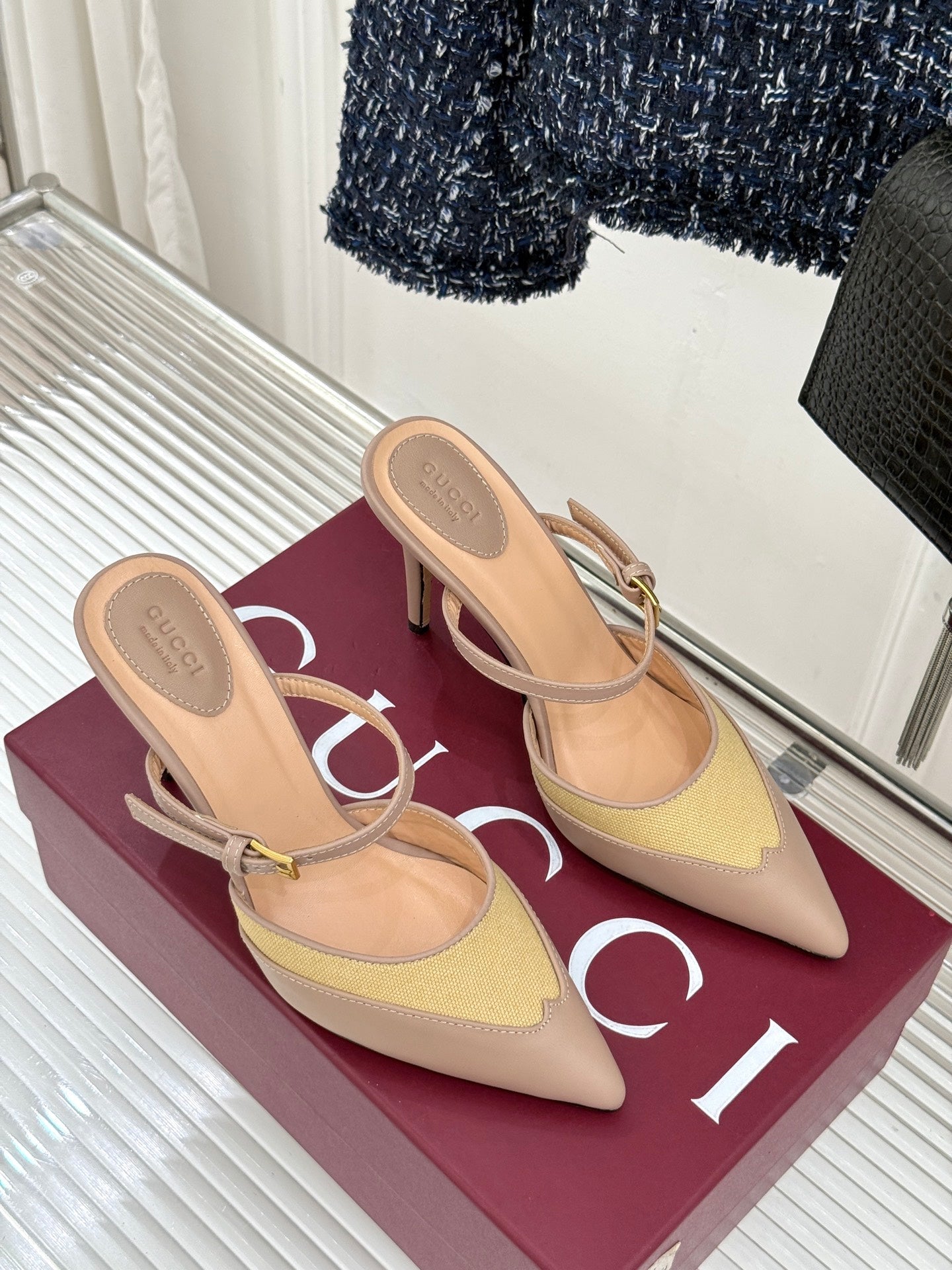 GG 26WF Mules 9.5cm Beige Leather Canvas 886171