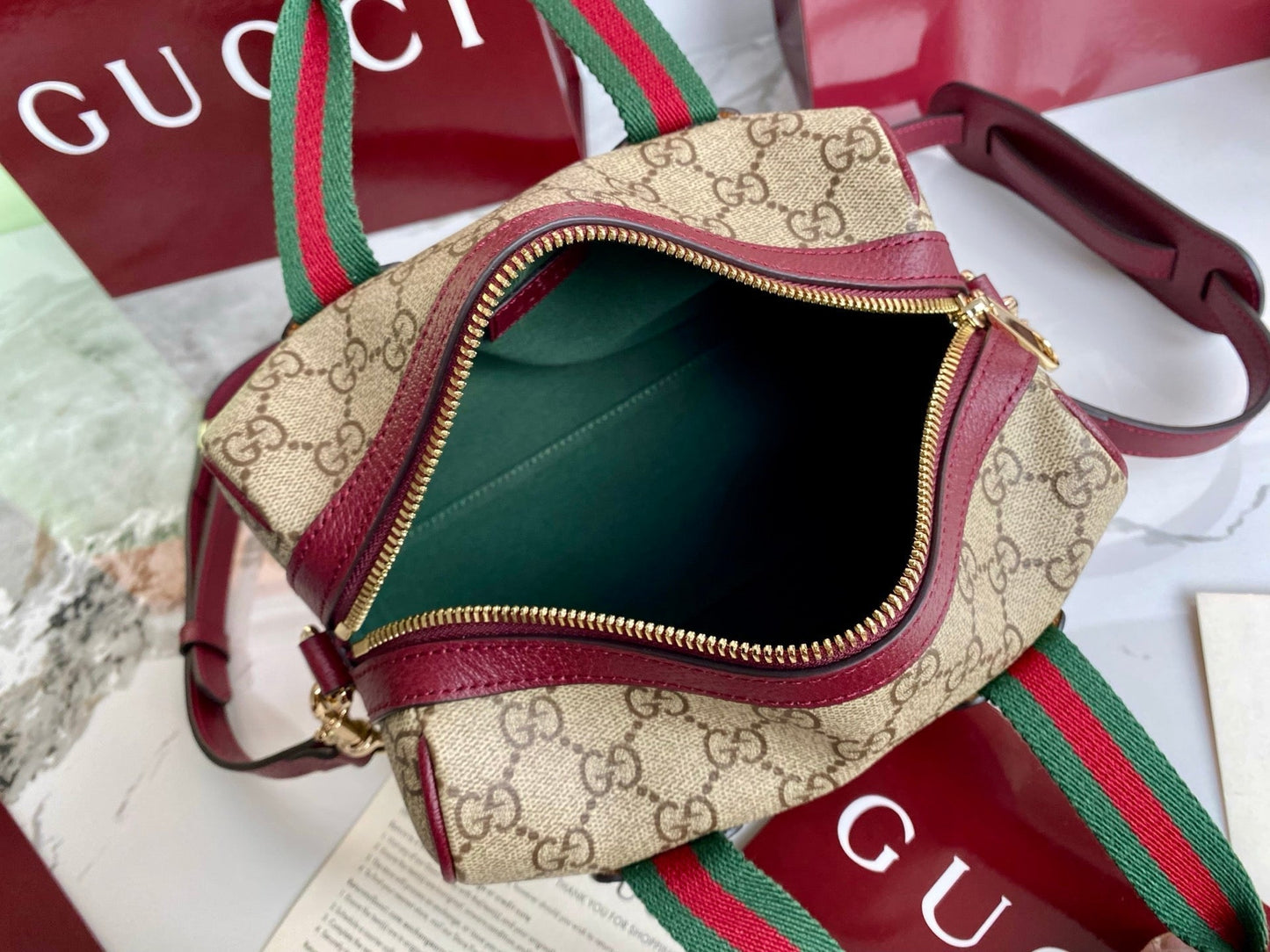 Gucci 25 GG Handbag 20cm  Beige mix Rosso Ancora Red Canvas Leather 286710