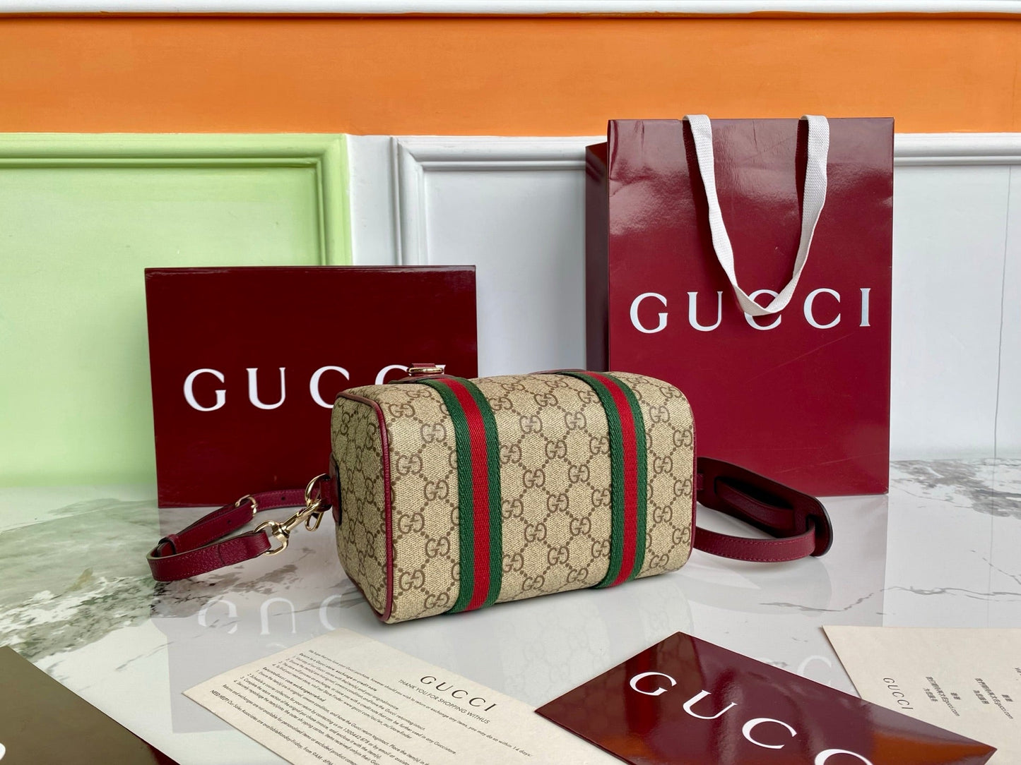 Gucci 25 GG Handbag 20cm  Beige mix Rosso Ancora Red Canvas Leather 286710