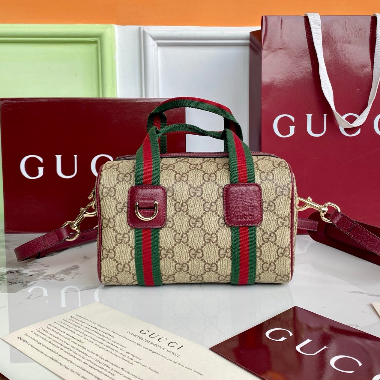 Gucci 25 GG Handbag 20cm  Beige mix Rosso Ancora Red Canvas Leather 286710