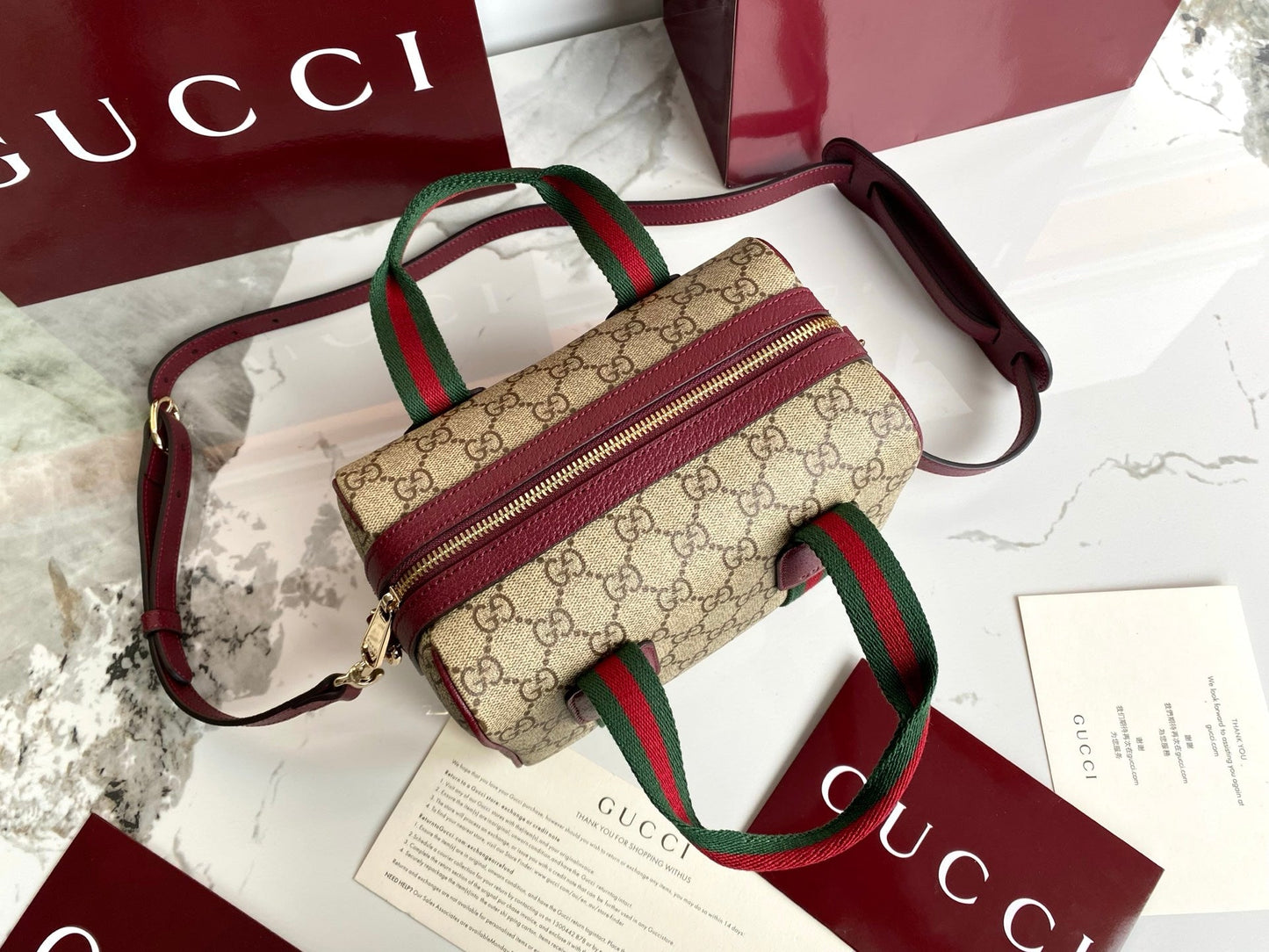 Gucci 25 GG Handbag 20cm  Beige mix Rosso Ancora Red Canvas Leather 286710