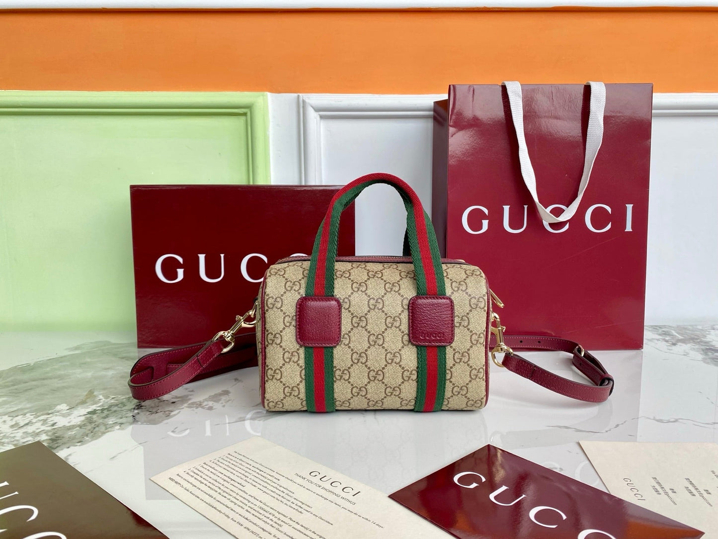 Gucci 25 GG Handbag 20cm  Beige mix Rosso Ancora Red Canvas Leather 286710