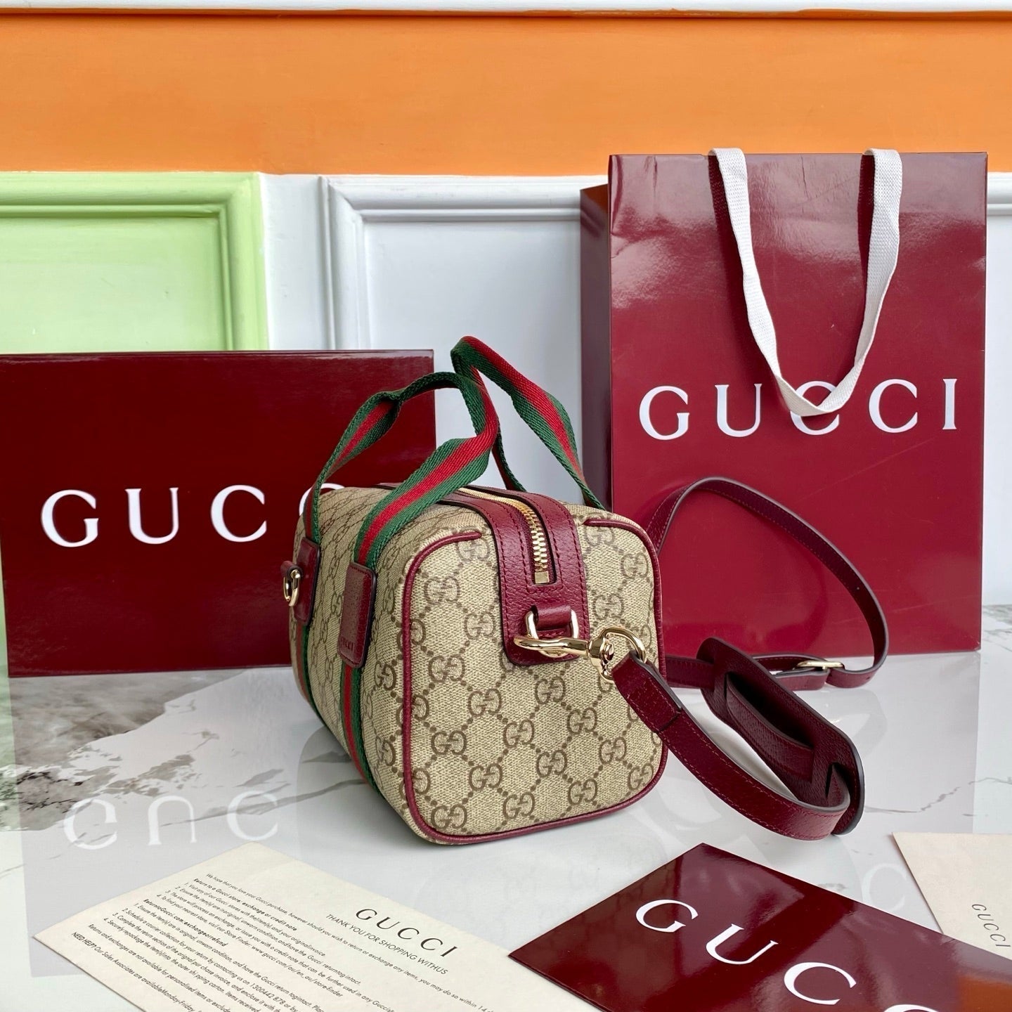Gucci 25 GG Handbag 20cm  Beige mix Rosso Ancora Red Canvas Leather 286710