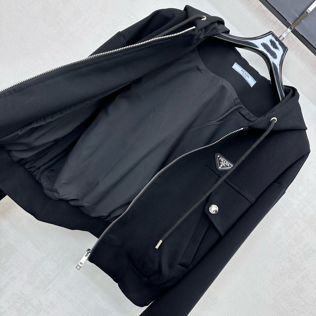 Prada Hooded Zip-up Jacket Black Polyester Cotton 351882