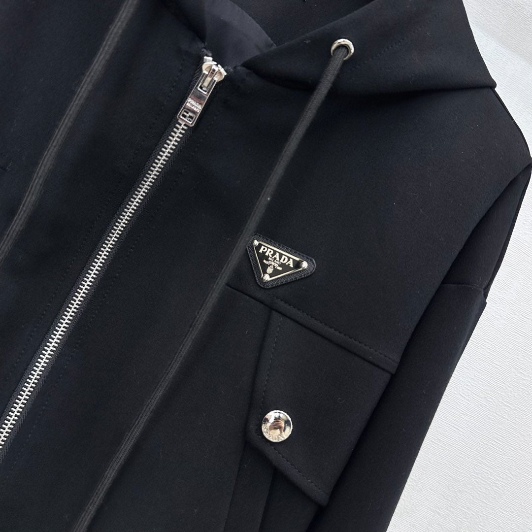 Prada Hooded Zip-up Jacket Black Polyester Cotton 351882