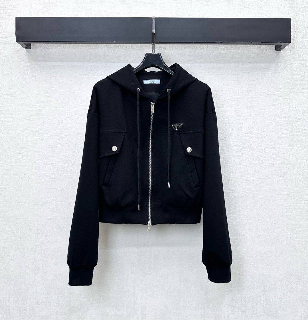 Prada Hooded Zip-up Jacket Black Polyester Cotton 351882