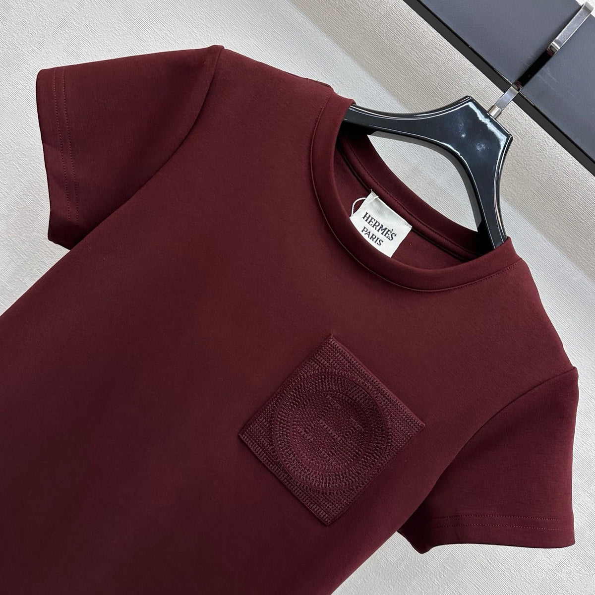 HM 26s Embroidered Pocket T-Shirt Burgundy Cotton 378820