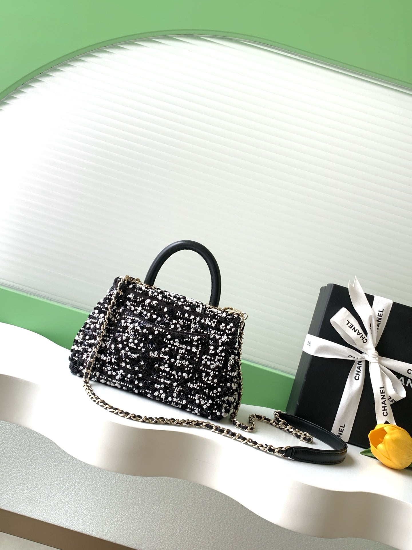 Chanel 2026 Top Handle Bag 19cm Black White Sequin Leather