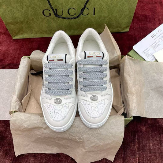 GG Screener Trainer Sneakers White Light Grey  Cowhide Frabic 502168