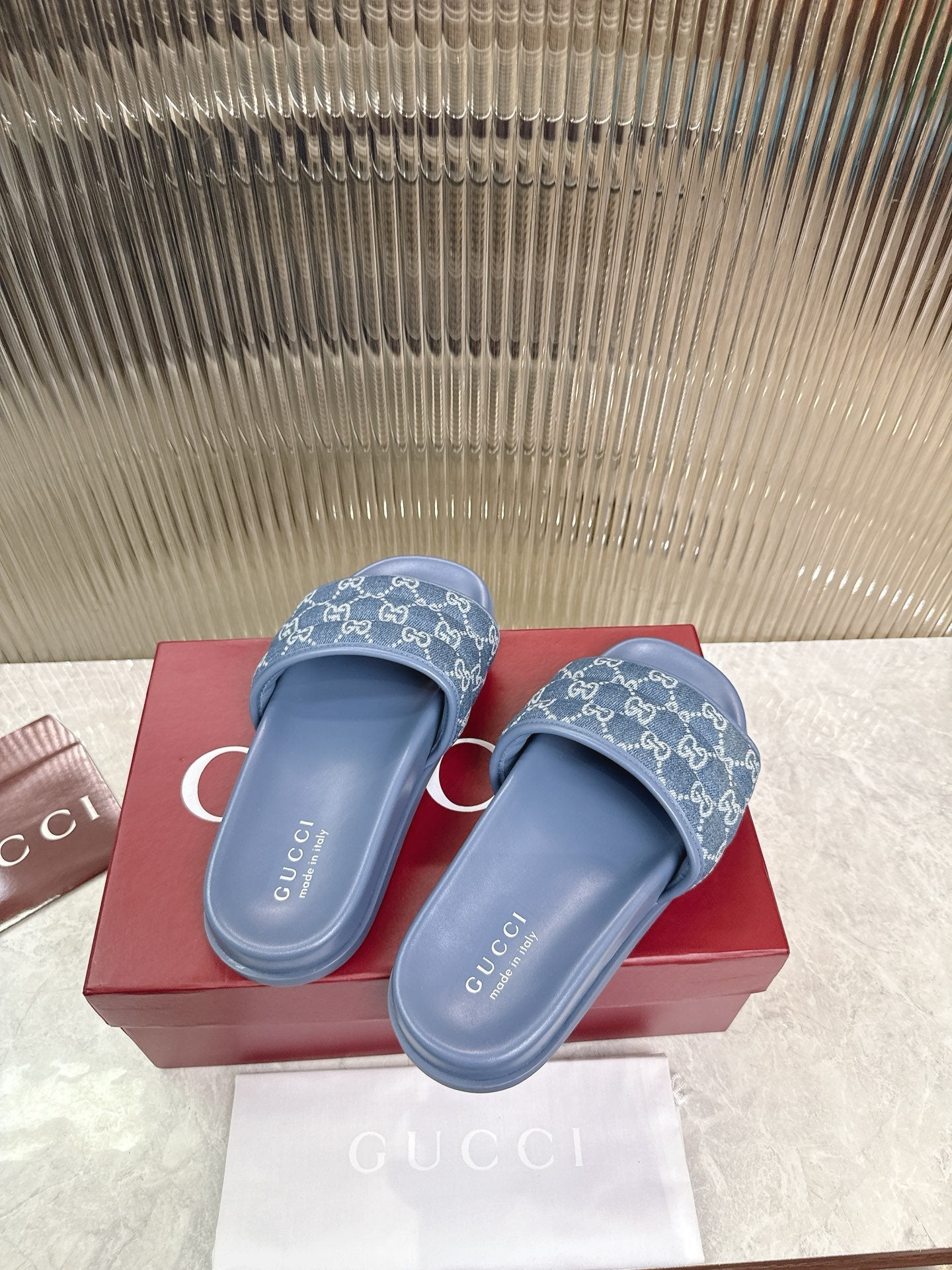 GG Slide Sandal Blue Canvas Rubber 788184