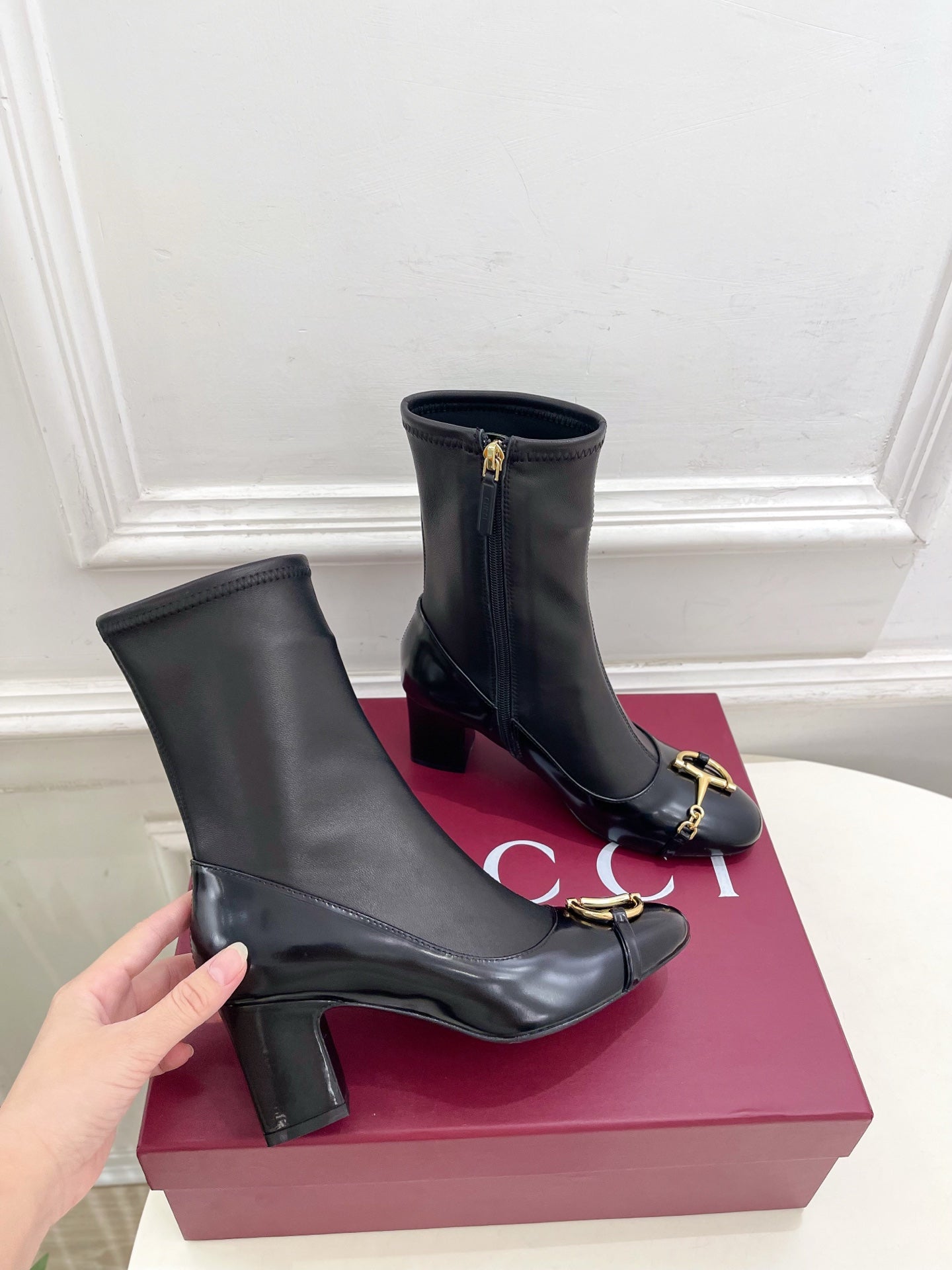 GG horsebit chunky heel ankle boots black calfskin 536057