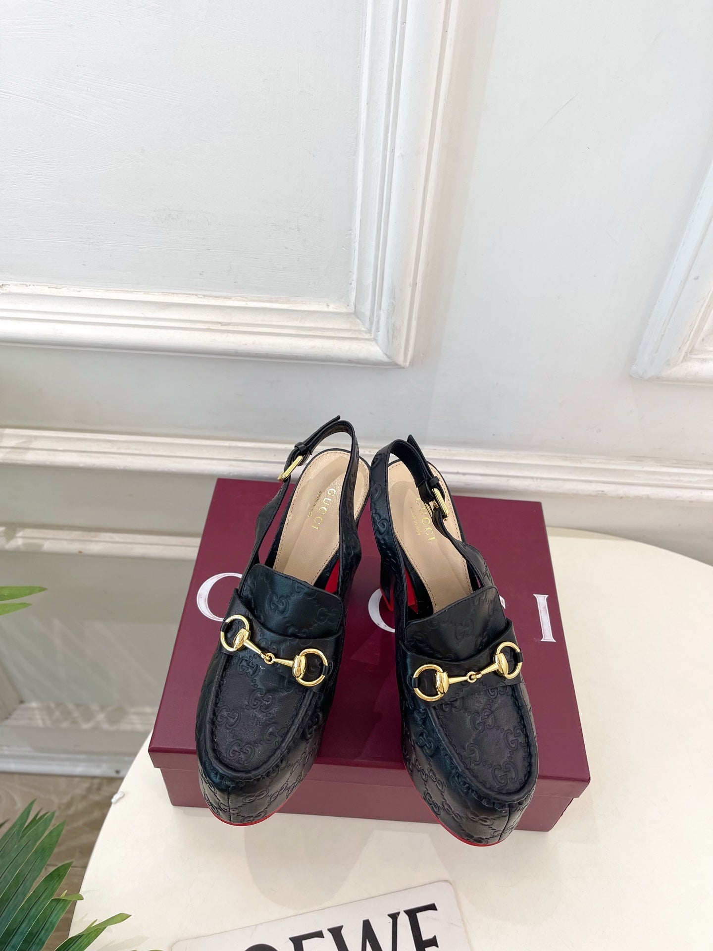 GG Horsebit Platform Loafer Slingback Black Embossed Leather 640259