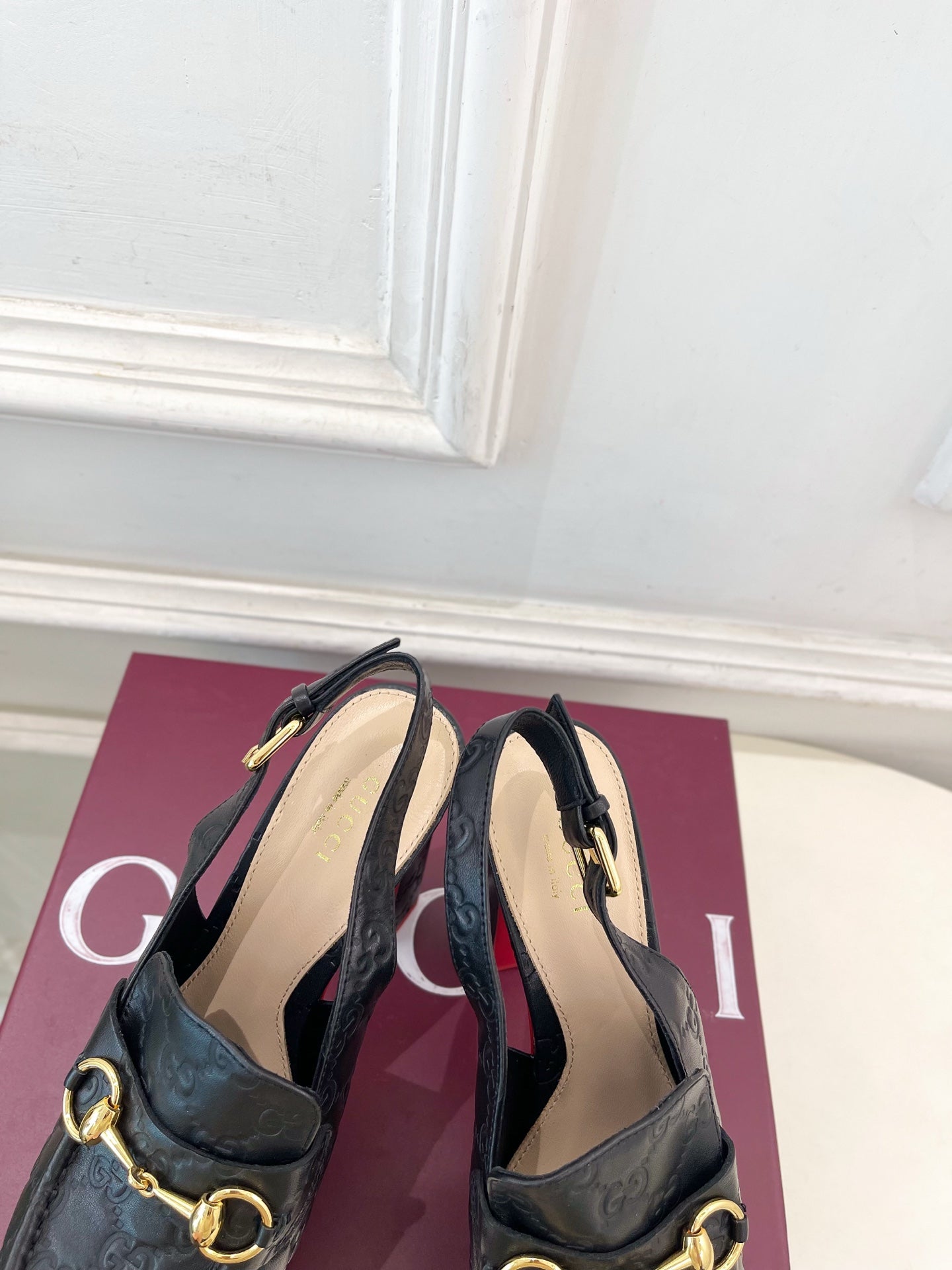 GG Horsebit Platform Loafer Slingback Black Embossed Leather 640259