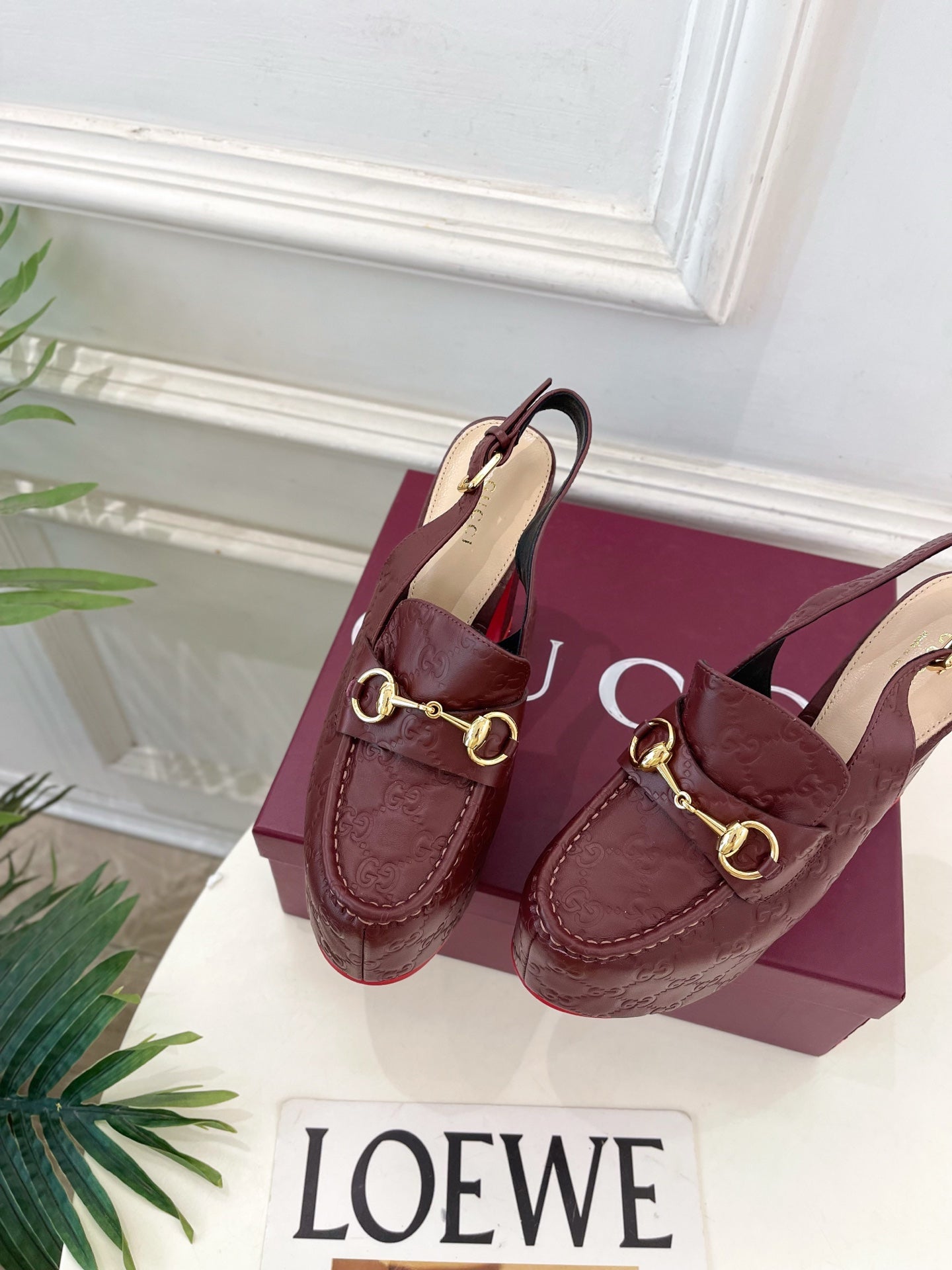 GG Horsebit Platform Loafer Slingback Burgundy Embossed Leather 640260