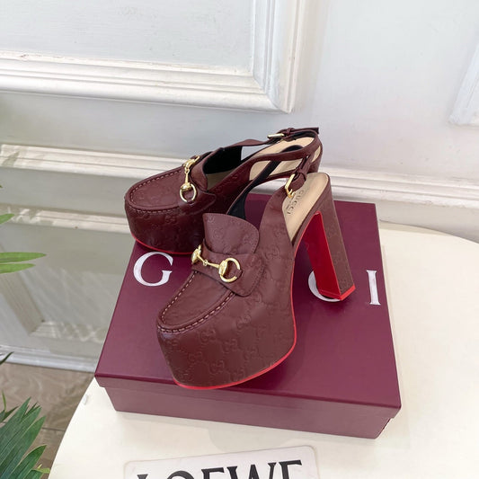 GG Horsebit Platform Loafer Slingback Burgundy Embossed Leather 640260