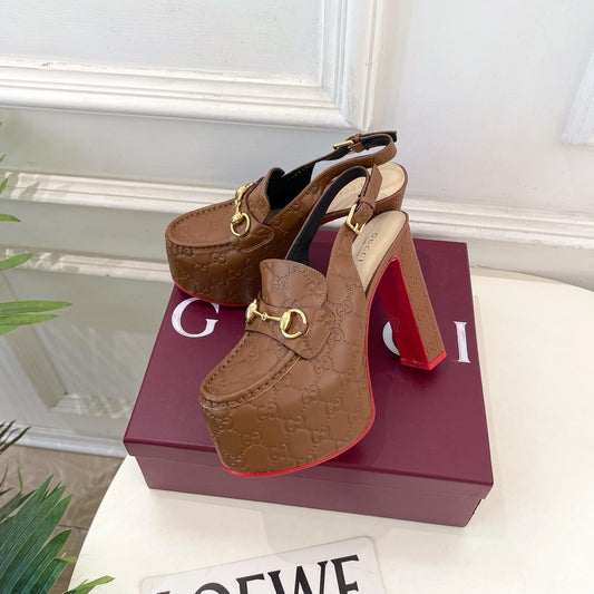 GG Horsebit Platform Loafer Slingback Brown Embossed Leather 640261