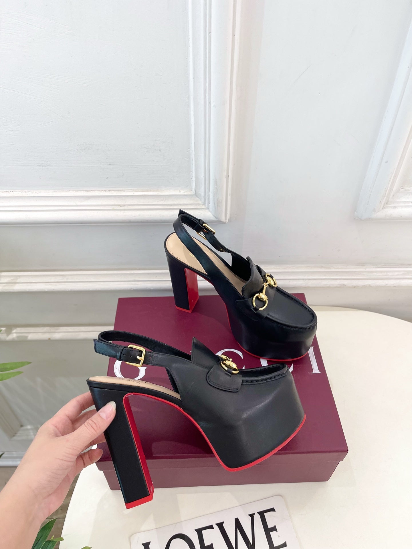 GG Horsebit Platform Loafer Slingback Black Leather 640262
