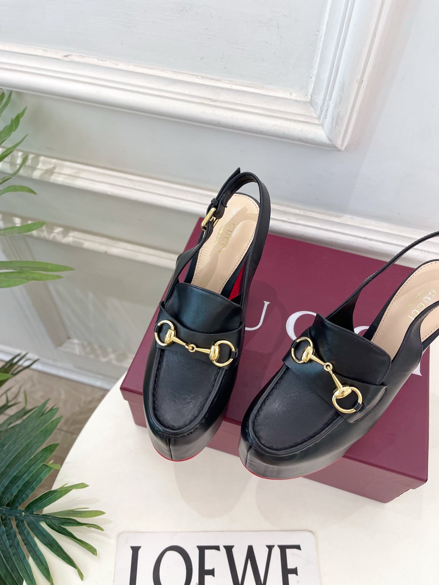 GG Horsebit Platform Loafer Slingback Black Leather 640262